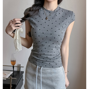 Camiseta <span class=keywords><strong>de</strong></span> Verano para Mujer, Estilo Coreano, <span class=keywords><strong>de</strong></span> Algodón con Estampado <span class=keywords><strong>de</strong></span> Lunares, Cuello Redondo, Manga Corta, Color Sólido Personalizable - Product Image 3