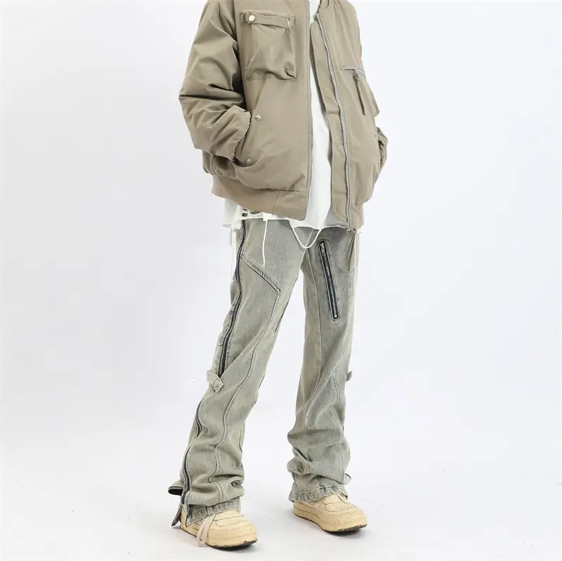Custom Soft High Street Moda Mens Vintage Denim Side Zipper Estilo Jeanns Hiphop Calças Para Homens