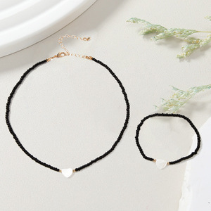 European and American cross-border black seed bead white water pattern mother-of-pearl heart <b>bracelet</b> and necklace <b>set</b>, - Product Image 3