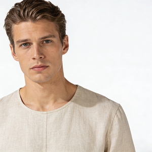 Camiseta de <span class=keywords><strong>Hombre</strong></span>, Corte Relajado, Tela de Lino, Transpirable, Ligera, Color Beige, Dobladillo Curvo, Informal, para Uso Diario, con Costura Central - Product Image 6