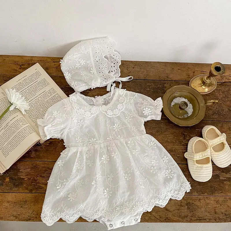 2023 Stock Summer white lace romper baby breathable Cotton children sweet clothes girl infant embroidery daisy
