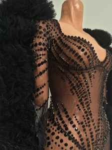 Mono de lujo negro con pedrería y malla elástica en 4 direcciones, mangas de tul con volantes, catsuit espectacular para espectáculos burlescos, showgirls y drag queens. - Product Image 5