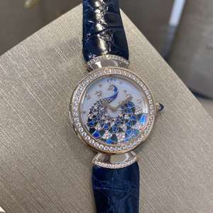 Montres pour femmes, luxe, cadran paon, femme, bracelet en acier, cadran noir, lunette en diamant, montres à quartz, boîtier en or rose, bracelet en cuir - Product Image 2