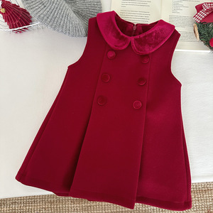 Korean Style Girl's Red Thick Sleeveless Jumper <strong>Dress</strong> Velvet Collar Christmas Party Red Thickened Sleeveless <strong>Dress</strong> for Kids - Product Image 1