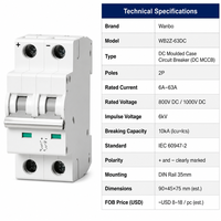 Wanbo-500 2P 1000V DC 10kA Pemutus Sirkuit Cetak (Molded Case Circuit Breaker) untuk Sistem BESS PV Surya, Tahan Beban Berlebih dan Hubung Singkat, Pemasangan Rel DIN DC