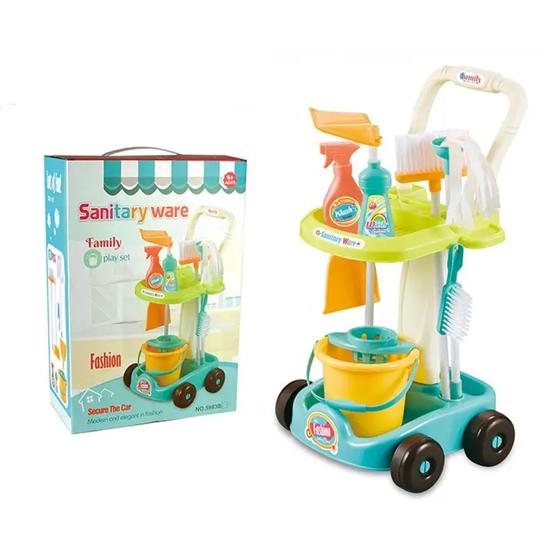 Kids Pretend Huis Schoonmaken Speelgoed Winkelwagen Set Huishouden Game Omvatten Vacume Bezem Mop Borstel Stof Pan Duster Spons Emmer