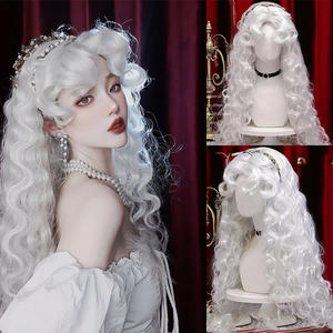 Peluca de Cabello Rizado Largo con Ondas, Estilo Lolita para Halloween, Sin Pegamento, Fibra Kanekalon, Encaje Transparente, Color Blanco Reina - Product Image 4