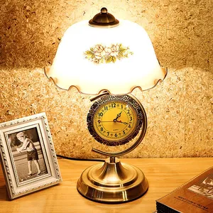 Classic Vintage China European Style British Retro Bedroom Bedside with Clock Integrated Creative Glass Bar Led Clock Table Lamp