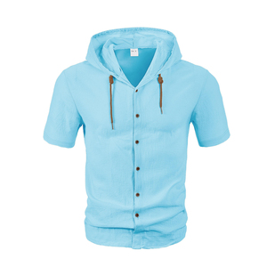 American linen <b>men's</b> shirt foreign trade fashion casual summer breathable thin hooded short-sleeved <b>cardigan</b> jacket - Product Image 1