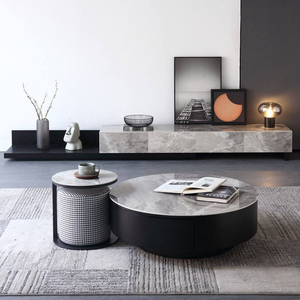 Meuble <span class=keywords><strong>TV</strong></span> moderne et simple, ensemble complet avec meuble surélevé et table basse ronde de luxe en plaque de roche - Product Image 2