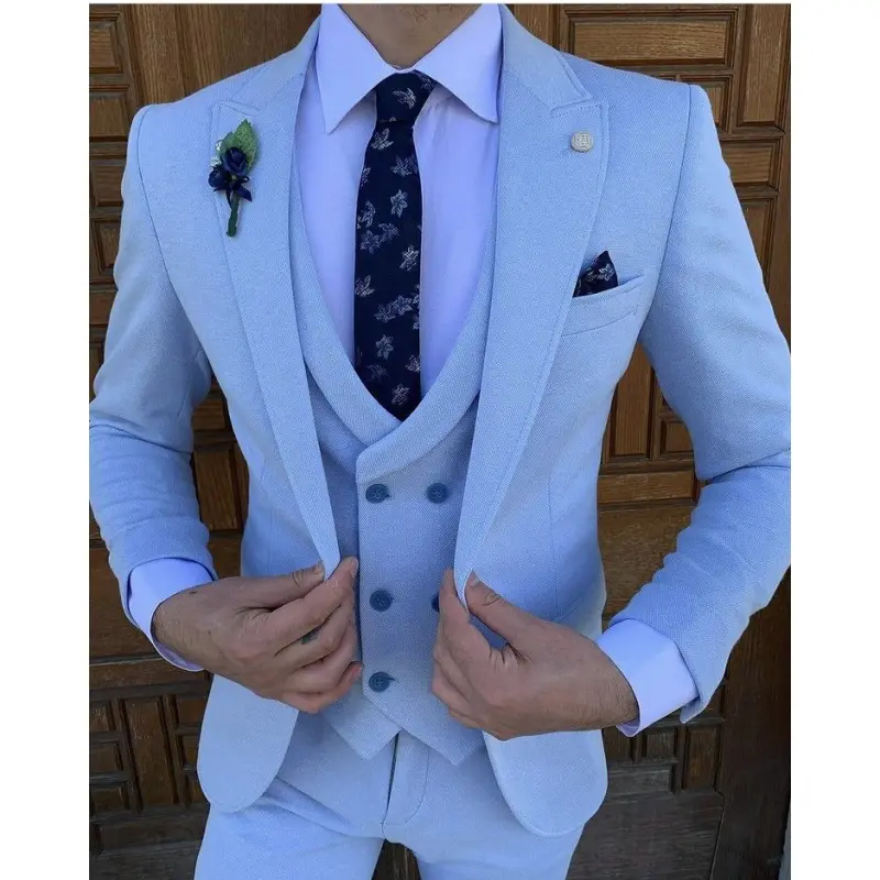 Light Blue Sim Fit Tailored Made Men Suits tuxedos for Wedding Formal Wear 3 pieces (Jacket+Pant+Vest) Mens Wedding Tuxedo
