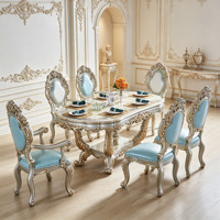 Ensemble de table à manger rectangulaire de luxe européen en bois massif sculpté avec chaises en cuir PU bleu doré à l'argent, mobilier de salle à manger en gros