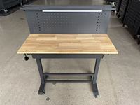 Banc de travail robuste réglable en hauteur avec plateau en bois de caoutchouc et support à outils, banc de travail en métal robuste pour atelier de menuiserie