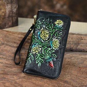 Ando Bag – portefeuille long en cuir de vache véritable pour femmes, porte-cartes Vintage à motifs floraux - Product Image 4
