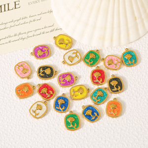 Pendentif en acier inoxydable en forme de rose, motif floral carré émaillé, accessoires de bijoux DIY pour collier et bracelet, vente en gros - Product Image 1