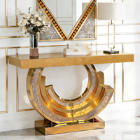 Nouvelle Table Console Moderne en Chêne MDF+Verre avec Incrustation Miroir Diamantée pour Salon, Hôtel, Entrée, Table d'Appoint, Décoration Intérieure