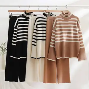 Women 2 Piece Set High Collar Sweater + Long Pants Straight Wide Leg Knitwear Outwear Pullover Loose Lady Knitting Sweater Suits