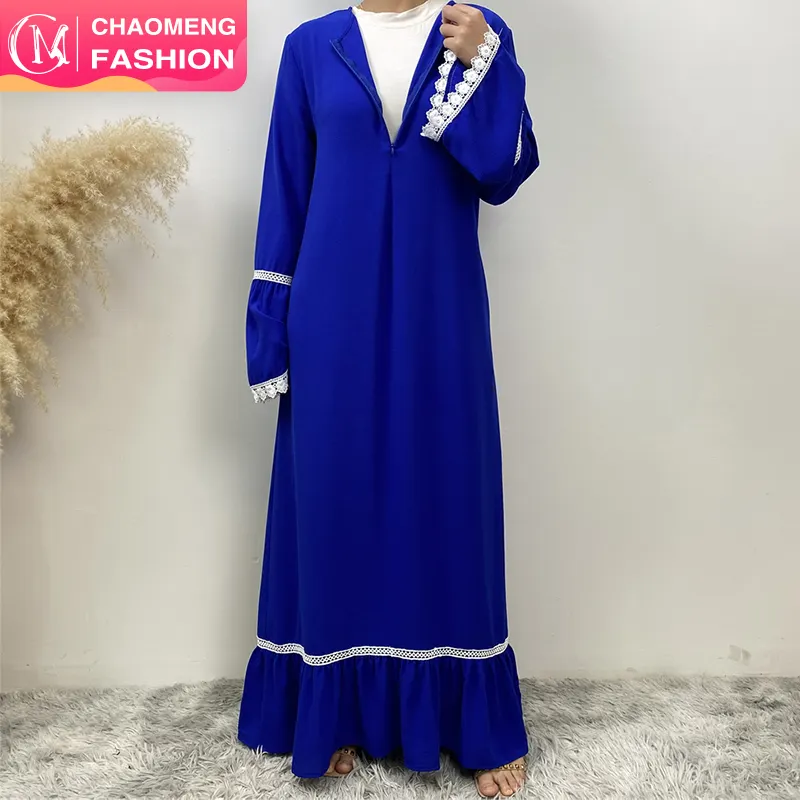 6770 # 우아한 플레어 슬리브 화이트 레이스 이슬람 여성 쉬폰 여름 맥시 원피스 패션 아바야 드레스 5 색