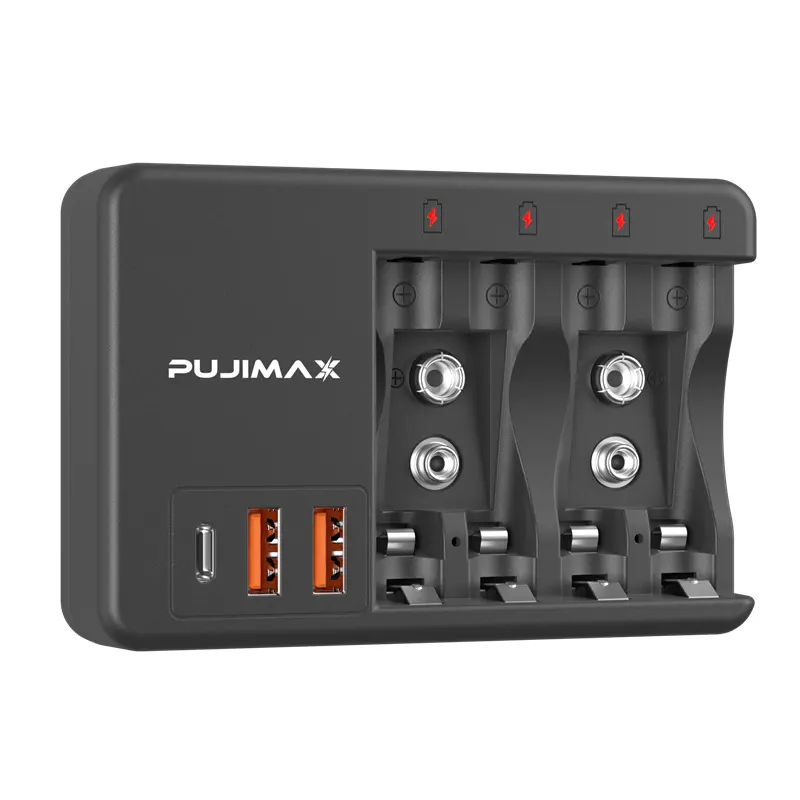 PUJIMAX यूनिवर्सल बहु स्लॉट बैटरी चार्जर्स यूएसबी प्रकार-सी चार्जर एएए ए. ए. रिचार्जेबल बैटरी चार्जर 9v बैटरी चार्ज उपकरण