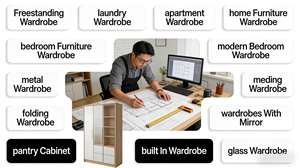 <span class=keywords><strong>Armoire</strong></span> murale sur mesure |   <span class=keywords><strong>Armoire</strong></span> de chambre à coucher de style moderne |   Design segmenté bicolore avec vitrine et coiffeuse - Product Image 5