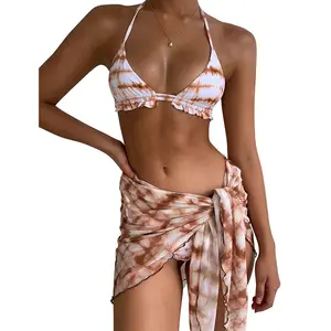 Print Bikinis Women Swimsuits three piece swim set Sarong Swimming Suits Mesh Wrap Push Up Swimwear Tie Dye Beach Sexy Dress