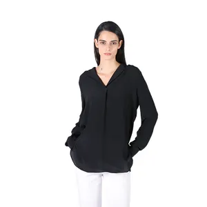 महिलाओं के फैशन सुरुचिपूर्ण काले रेशम ब्लाउज लंबी आस्तीन महिला शर्ट आकस्मिक कार्यालय का काम ब्लाउज शर्ट में सबसे ऊपर