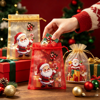 Sacs en lin recyclables en gros avec cordon de serrage, sacs cadeaux imprimés sur le thème de Noël personnalisables avec organza