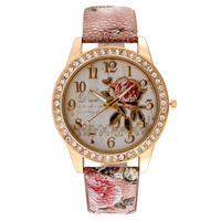 Jam Tangan Wanita Fashion Bunga Mawar Digital Berhias Berlian, Model Wanita, Tali Kulit, Jam Tangan Quartz, Terlaris dan Dapat Dipesan Sesuai Keinginan