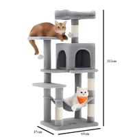 Tour d'activités robuste pour chat d'intérieur, anti-renversement, en peluche grise, multi-niveaux, extra-haute, avec hamac double porte et poteaux à gratter en sisal naturel