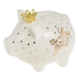 작은 공주 화이트 세라믹 동전 저축 상자 골드 크라운 돼지 저금통 - Product Image 4