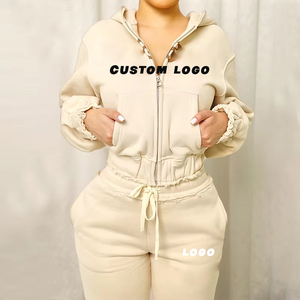 फैशन उच्च गुणवत्ता वाली कस्टम सूती ऊन महिलाओं के ट्रैकसूट सेट प्यूफ प्रिंटिंग क्रोप्ड हुडी और स्वेटपैंट सेट - Product Image 2