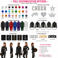 Setelan Cheerleading Personalisasi Custom Hitam Emas Logo Berhias Berlian Imitasi Jaket Ritsleting Penuh Celana Slim Pakaian Latihan Tim