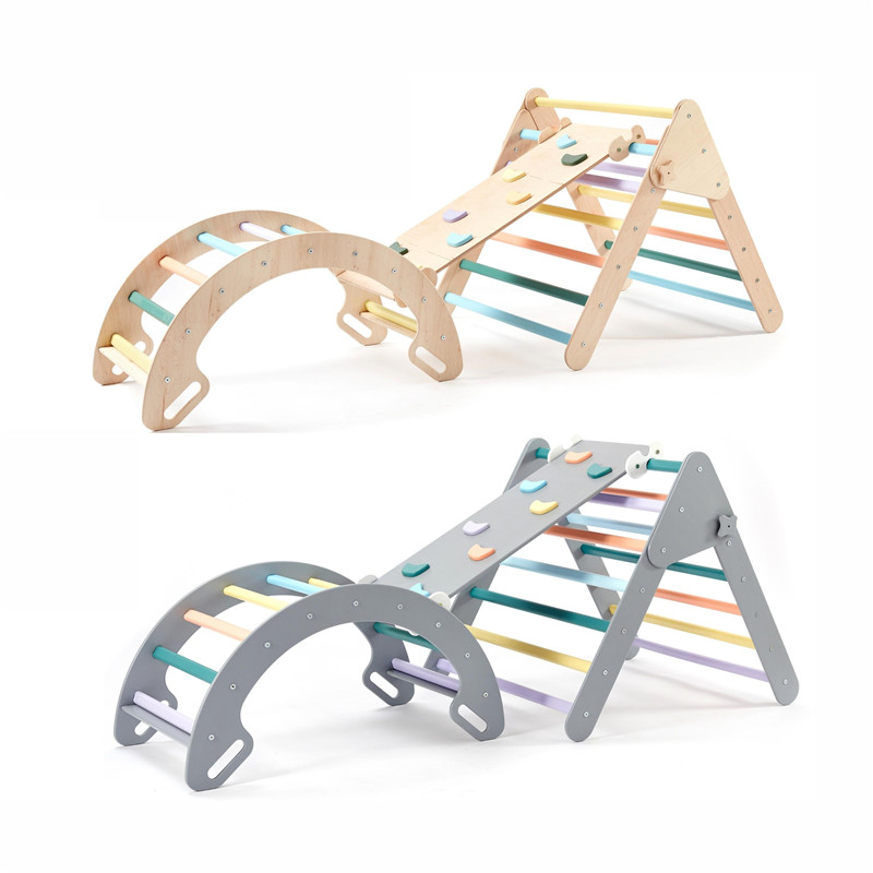 Монтессори, лазание, треугольник, малыш, деревянный тренажерный зал с рампой и качающейся аркой, комнатная игровая площадка