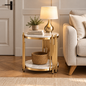 Modern <b>Round</b> Marble <b>Side</b> <b>Table</b> <b>with</b> Gold Metal Frame Two Tier <b>Storage</b> Shelf for Living Room Furniture - Product Image 1