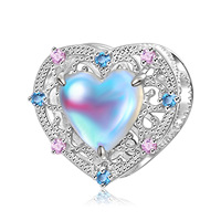 Breloque Cœur Iridescent en Argent Sterling 925 avec Pierre de Lune, Perle Aurore Creuse en Filigrane, Bijou Romantique, Cadeau d'Anniversaire