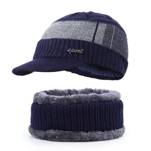 <span class=keywords><strong>Ensemble</strong></span> deux pièces d'automne et d'hiver Écharpe tricotée en laine mélangée pour hommes et chapeau en fil polaire avec protection du cou - Product Image 1