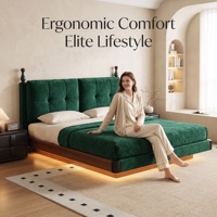 Lit flottant moderne carré capitonné en velours, robuste, avec bande lumineuse LED chaude, cadre en bois massif, ensemble de lit king-size de luxe