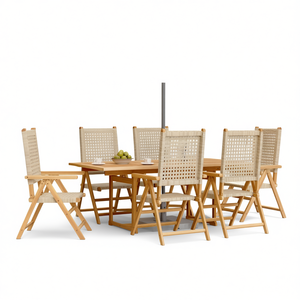 Ensemble de salle à manger de jardin moyen beige en bois d'acacia massif et rotin PE, 6 places, mobilier d'extérieur style contemporain - Product Image 1