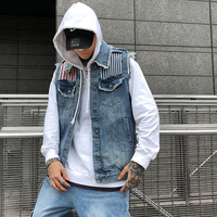100% coton hommes Denim Jeans veste gilet à capuche Patchwork en détresse Denim gilet