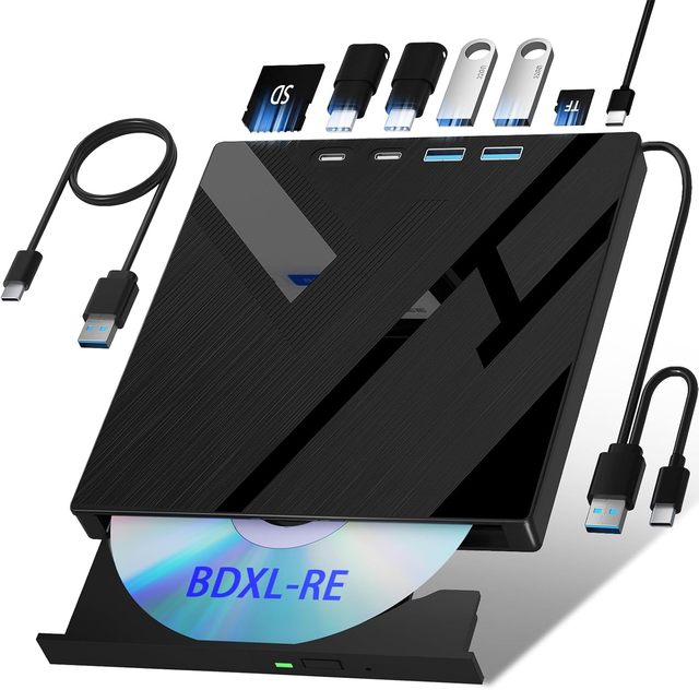 True 7-in-1 HUB External BDXL 100GB Blu-ray Writer BD-RE Drive USB 3.0 Type-C with 2xUSB Ports, SD/TF Reader for Pro Data Backup