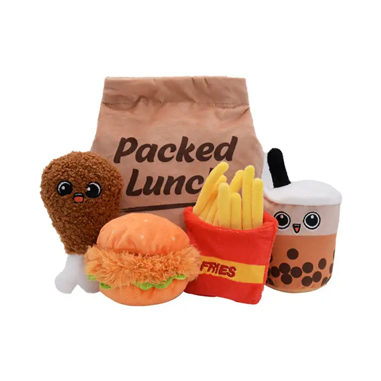 Personalizado Famipet Fabricante Atacado Personalizado Fast Food Lunch Pack Design Macio Recheado Brinquedos Do Cão De Pelúcia Squeaky Pet Toypet brinquedos