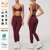Ensemble de yoga pour femmes, col en V, dos élégant, couleurs contrastées, tissu brossé texturé, ensemble 2 pièces