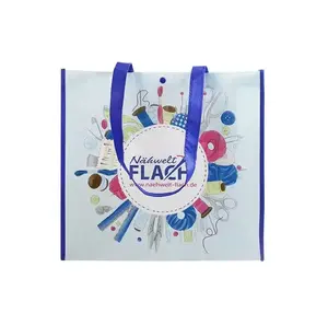 Promotionele Reclame Winkelleverancier Verpakking Gelamineerd Blauw Wit Tote Niet-Geweven Geschenktas Met Lint