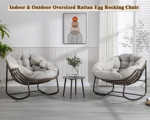 Ensemble de chaises longues <span class=keywords><strong>Lin</strong></span>-Utrend modernes et minimalistes pour l'intérieur et l'extérieur - Fauteuil à bascule surdimensionné avec design Papasan rembourré - Product Image 3