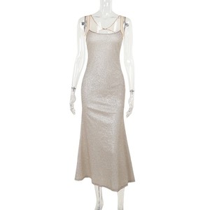 Automne nouveau élégant personnalisé maille transparente couture col bas Sexy mince et scintillant bretelles serrées robe - Product Image 5