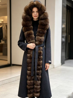 Janveny 2026 Nouvelle Veste d'Hiver à Capuche en Vraie Fourrure de Renard Naturelle et Mélange de Laine pour Femme, Ceinturée, Longue, Chaude, en Cachemire et Laine Fourrée