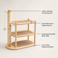 Lit pour chat en bois naturel à 3 niveaux, tour à gratter en sisal, hamac en jute, jouet à suspendre avec balle pour chats d'intérieur