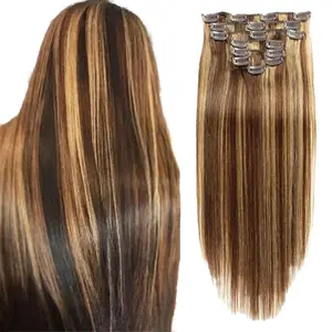 Clip ins cabello humano 100% cabello Remy virgen natural crudo #2 #4 color marrón clip invisible largo recto en extensiones de cabello