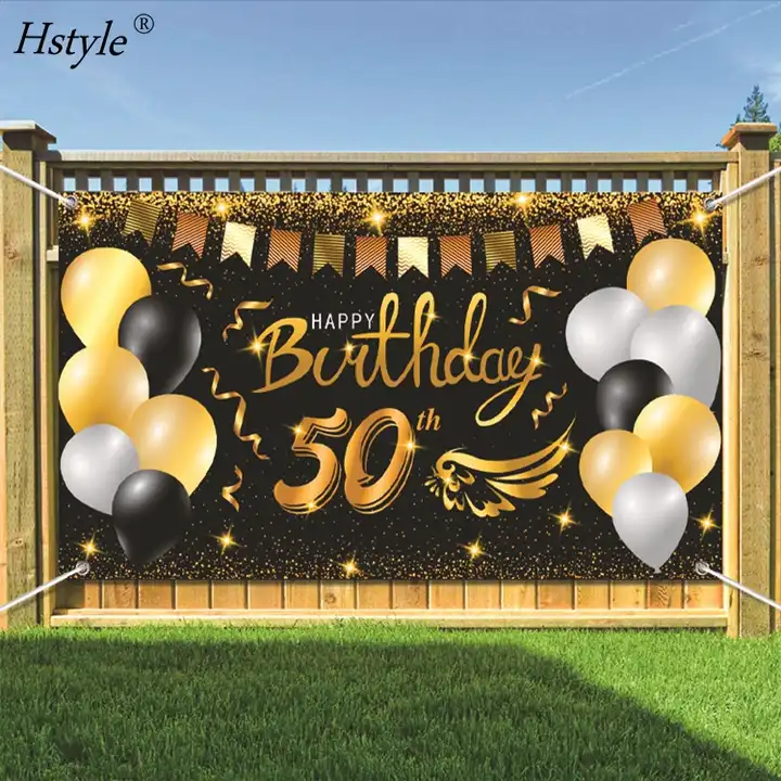 Happy 50th Birthday Party Decoration, Large Fabric Black Gold Sign Poster for 50th Birthday Photo Booth Backdrop Background Banner, 50th Birthday