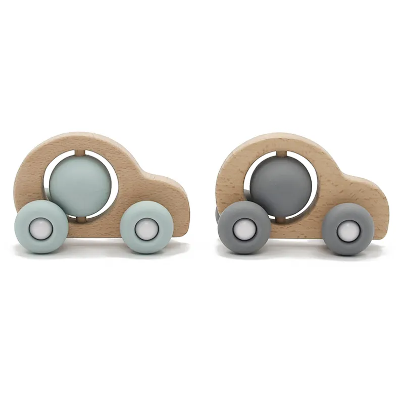 Design Wood Toy Hot Sale Fox Shape Toddler Wooden Teether Toy Silicone And Wood Car Teething Wheelie Toy